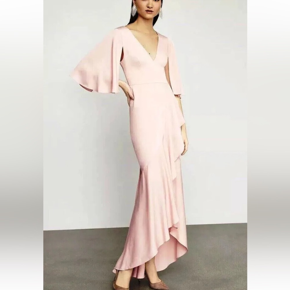 BCBG MAX AZRIA LIGHT SHELL SATIN V-NECK SLIT SLEEVE RUFFLE GOWN DRESS 4